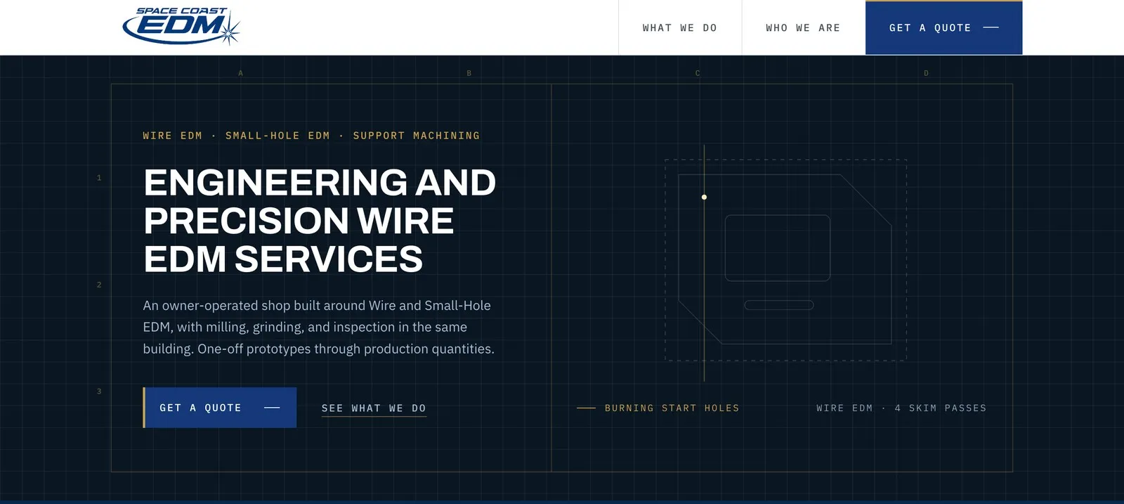 The Space Coast EDM home page: a wire-EDM part drawing beside the headline “Engineering and Precision Wire EDM Services”.